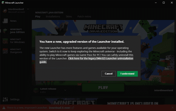 Warning on the old Minecraft Launcher